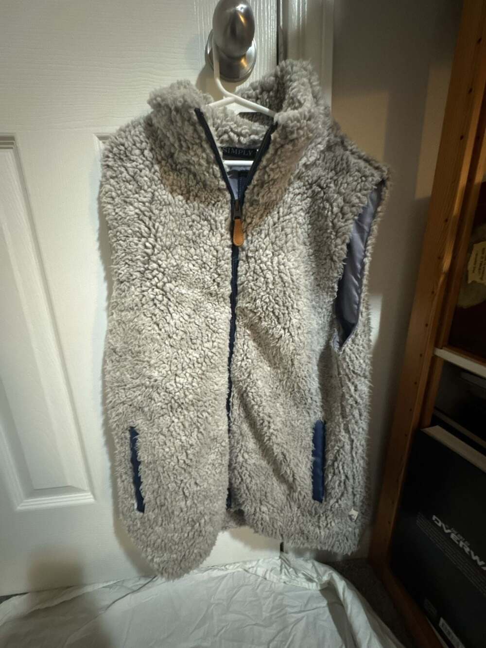 Simply Southern Gray Sherpa Fleece Zip Front Vest with Navy Trim - Picture 1 of 4